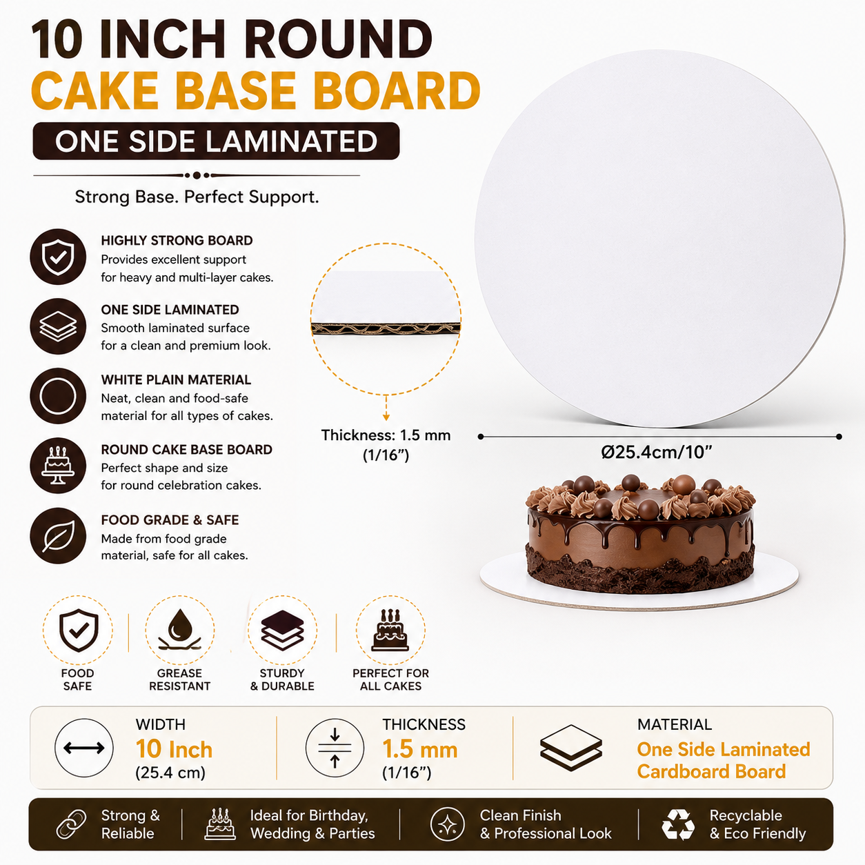 10 INCH ROUND CAKE BASE BOARD ONE SIDE LAMINATED