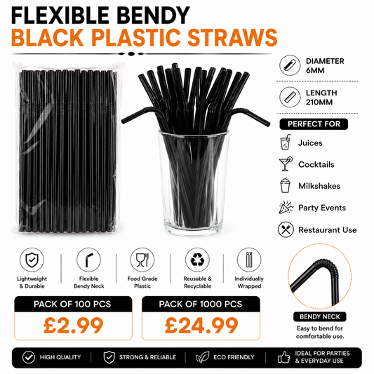 FLEXIABLE BLACK BENDY STRAWS 6mmx210mm