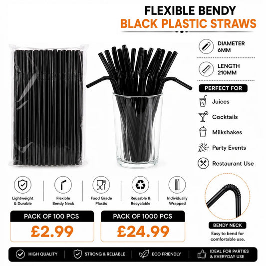 FLEXIABLE BLACK BENDY STRAWS 6mmx210mm
