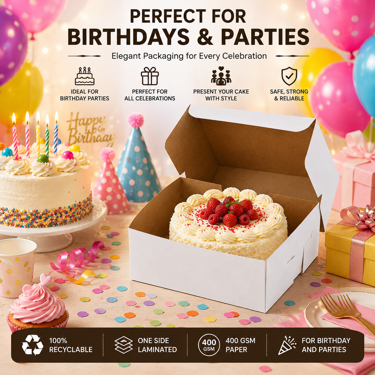 8 INCH WHITE PLAIN CAKE BOX 8X8X5 INCH FLAT FOLD ONE SIDE LAMINATED
