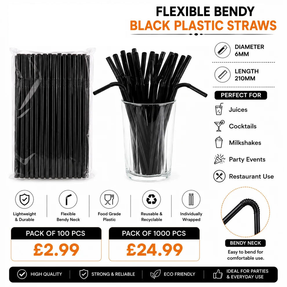 FLEXIBLE BLACK BENDY STRAWS 6mmx210mm