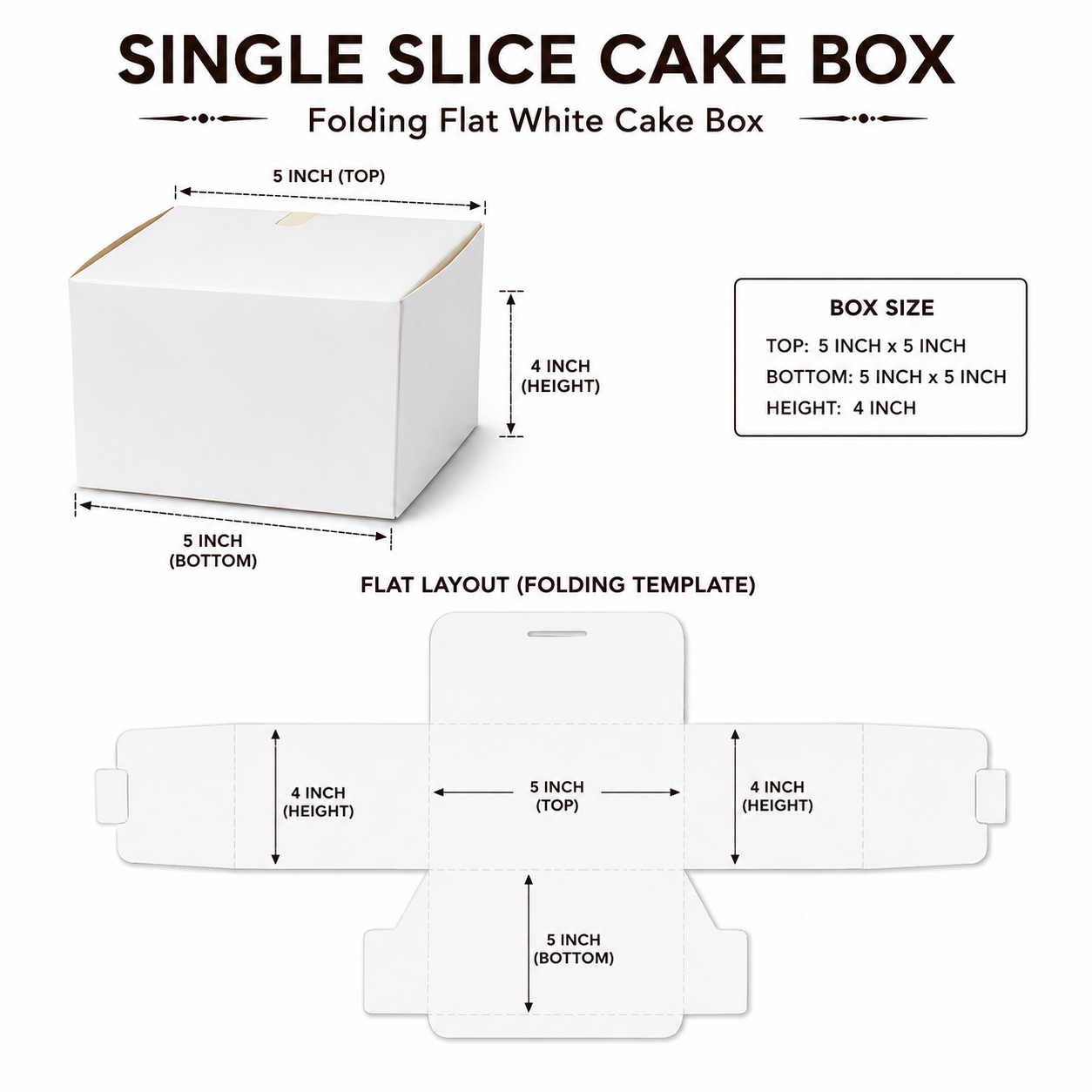 SINGLE SLICE WHITE PLAIN CAKE BOX 5X5X4 INCH FLAT FOLD ONE SIDE LAMINATED