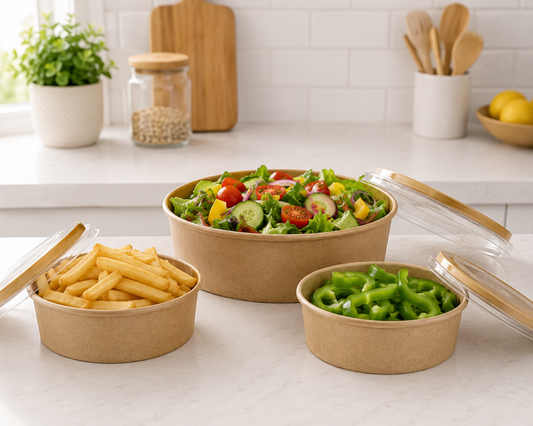 1000ml (32oz) Kraft Food Bowls with Lids – 600 Pack Eco-Friendly Takeaway Containers