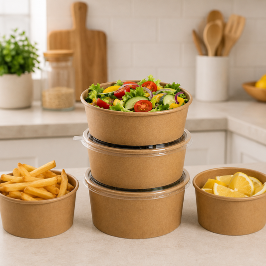 1000ml (32oz) Kraft Food Bowls with Lids – 600 Pack Eco-Friendly Takeaway Containers