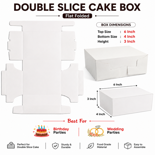 DOUBLE SLICE WHITE PLAIN CAKE BOX 6X4X3 INCH FLAT FOLD ONE SIDE LAMINATED