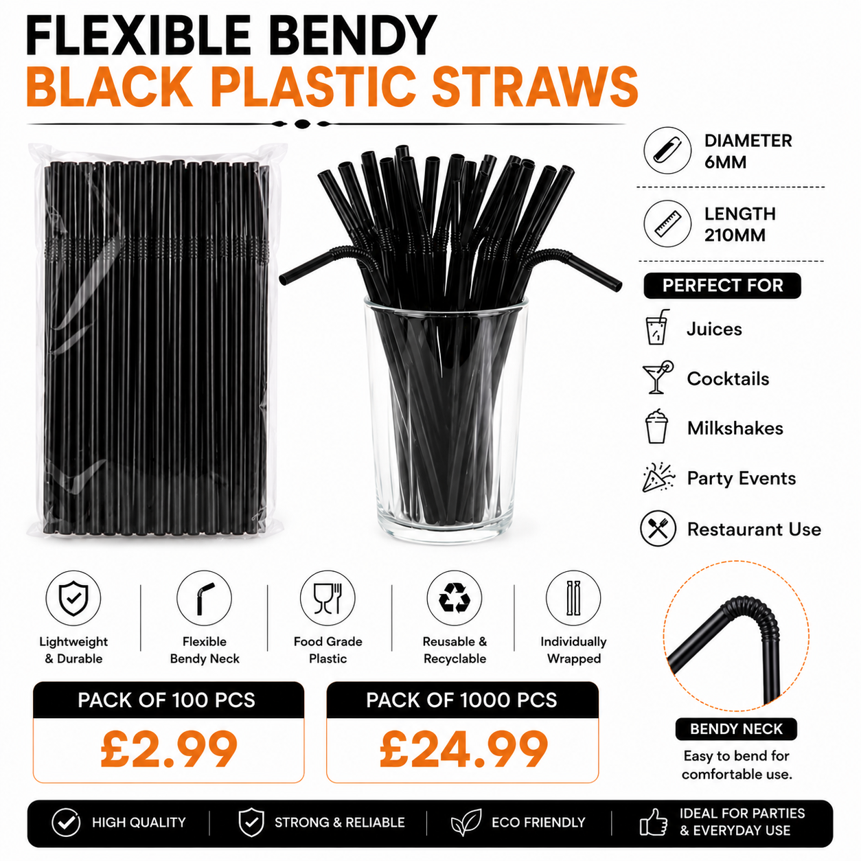 FLEXIABLE BLACK BENDY STRAWS 6mmx210mm