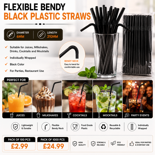 FLEXIABLE BLACK BENDY STRAWS 6mmx210mm