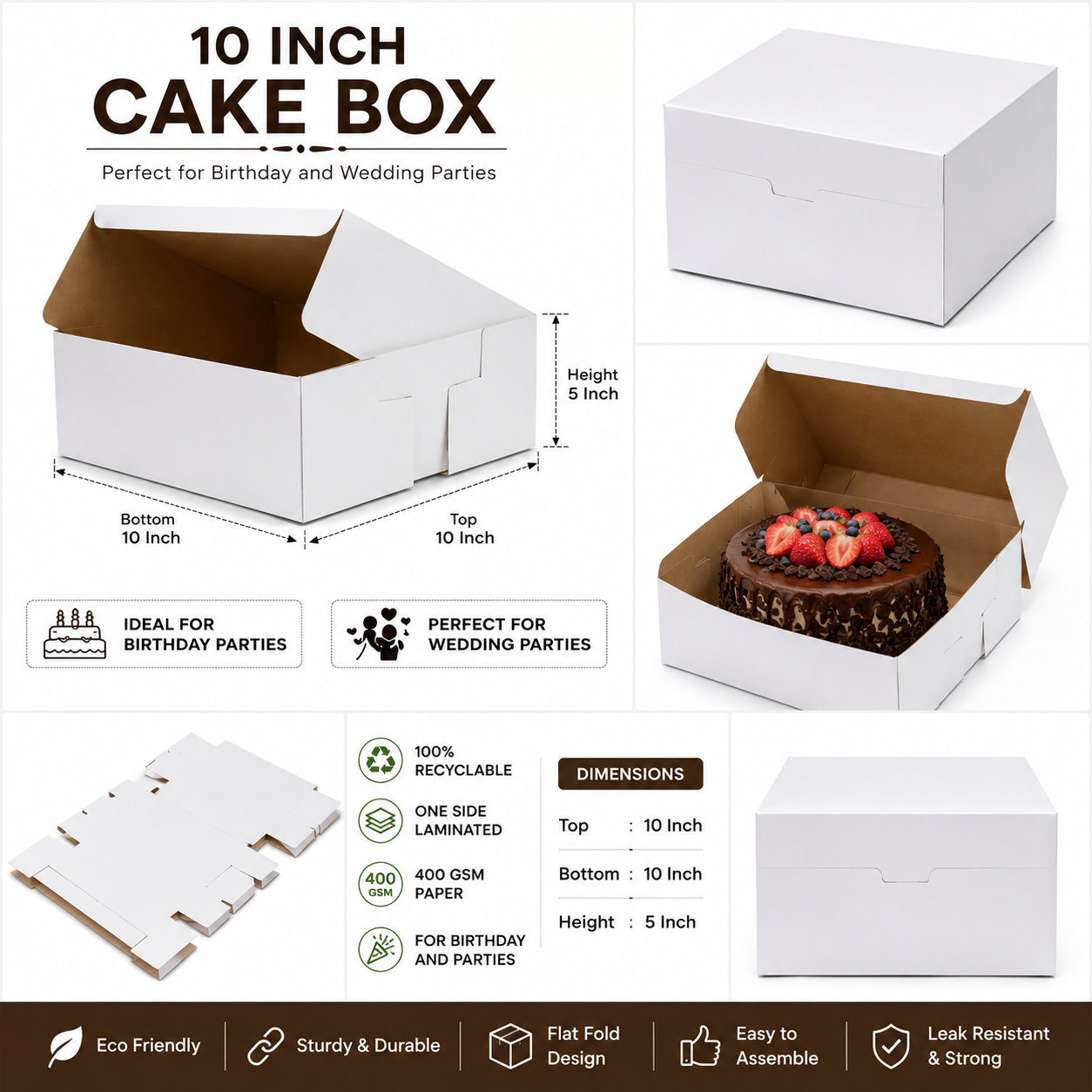10 INCH WHITE PLAIN CAKE BOX 10X10X5 INCH FLAT FOLD ONE SIDE LAMINATED