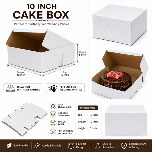 10 INCH WHITE PLAIN CAKE BOX 10X10X5 INCH FLAT FOLD ONE SIDE LAMINATED