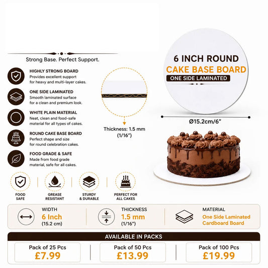 6 INCH ROUND CAKE BASE BOARD ONE SIDE LAMINATED