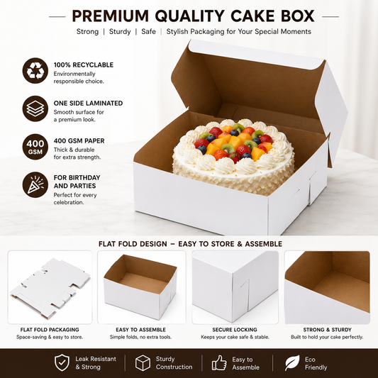 10 INCH WHITE PLAIN CAKE BOX 10X10X5 INCH FLAT FOLD ONE SIDE LAMINATED
