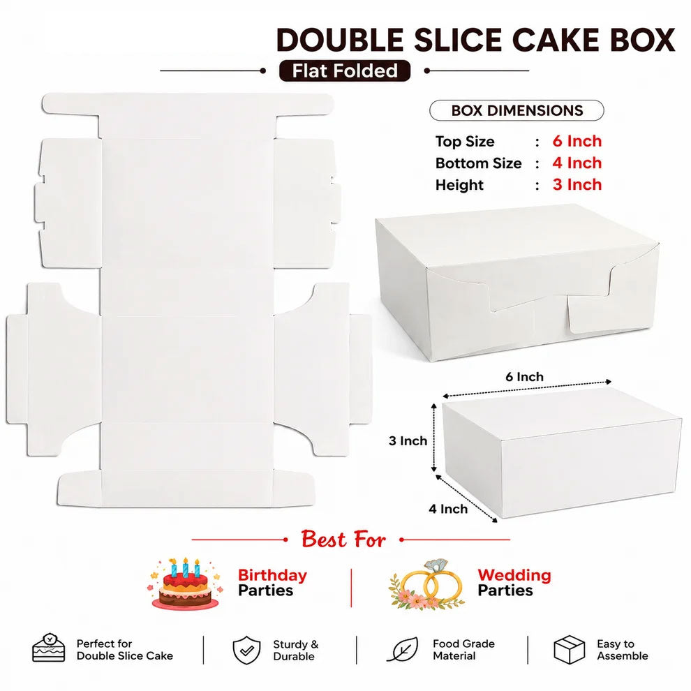 DOUBLE SLICE WHITE PLAIN CAKE BOX 6X4X3 INCH FLAT FOLD ONE SIDE LAMINATED