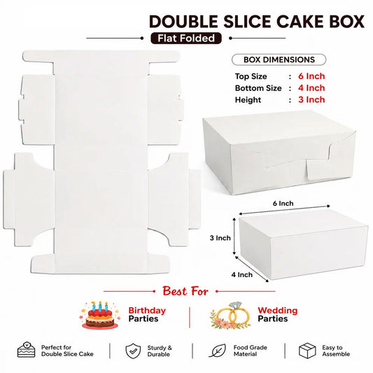 DOUBLE SLICE WHITE PLAIN CAKE BOX 6X4X3 INCH FLAT FOLD ONE SIDE LAMINATED
