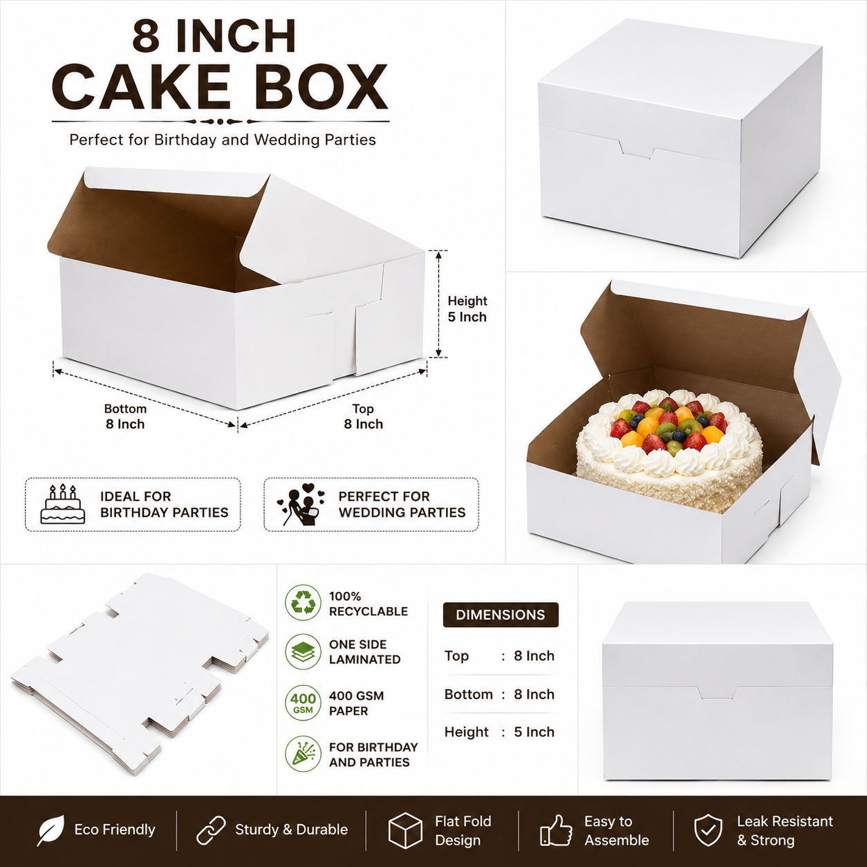 8 INCH WHITE PLAIN CAKE BOX 8X8X5 INCH FLAT FOLD ONE SIDE LAMINATED