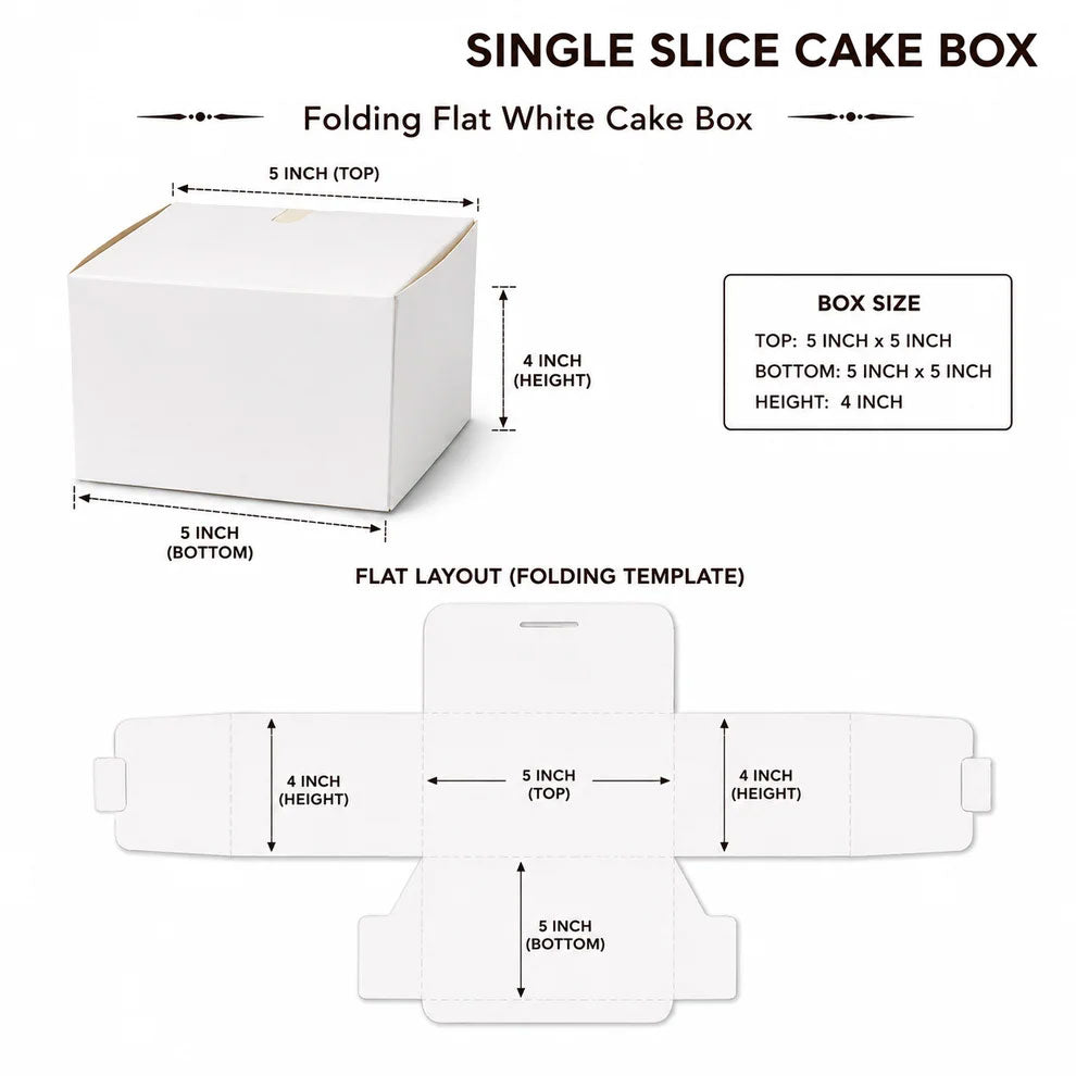 SINGLE SLICE WHITE PLAIN CAKE BOX 5X5X4 INCH FLAT FOLD ONE SIDE LAMINATED
