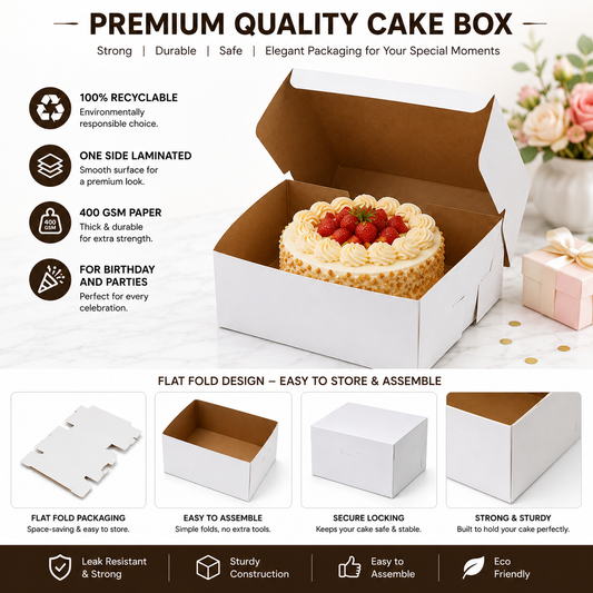 8 INCH WHITE PLAIN CAKE BOX 8X8X5 INCH FLAT FOLD ONE SIDE LAMINATED
