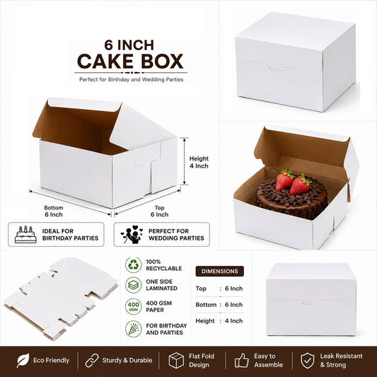 6 INCH WHITE PLAIN CAKE BOX 6X6X4 INCH FLAT FOLD ONE SIDE LAMINATED