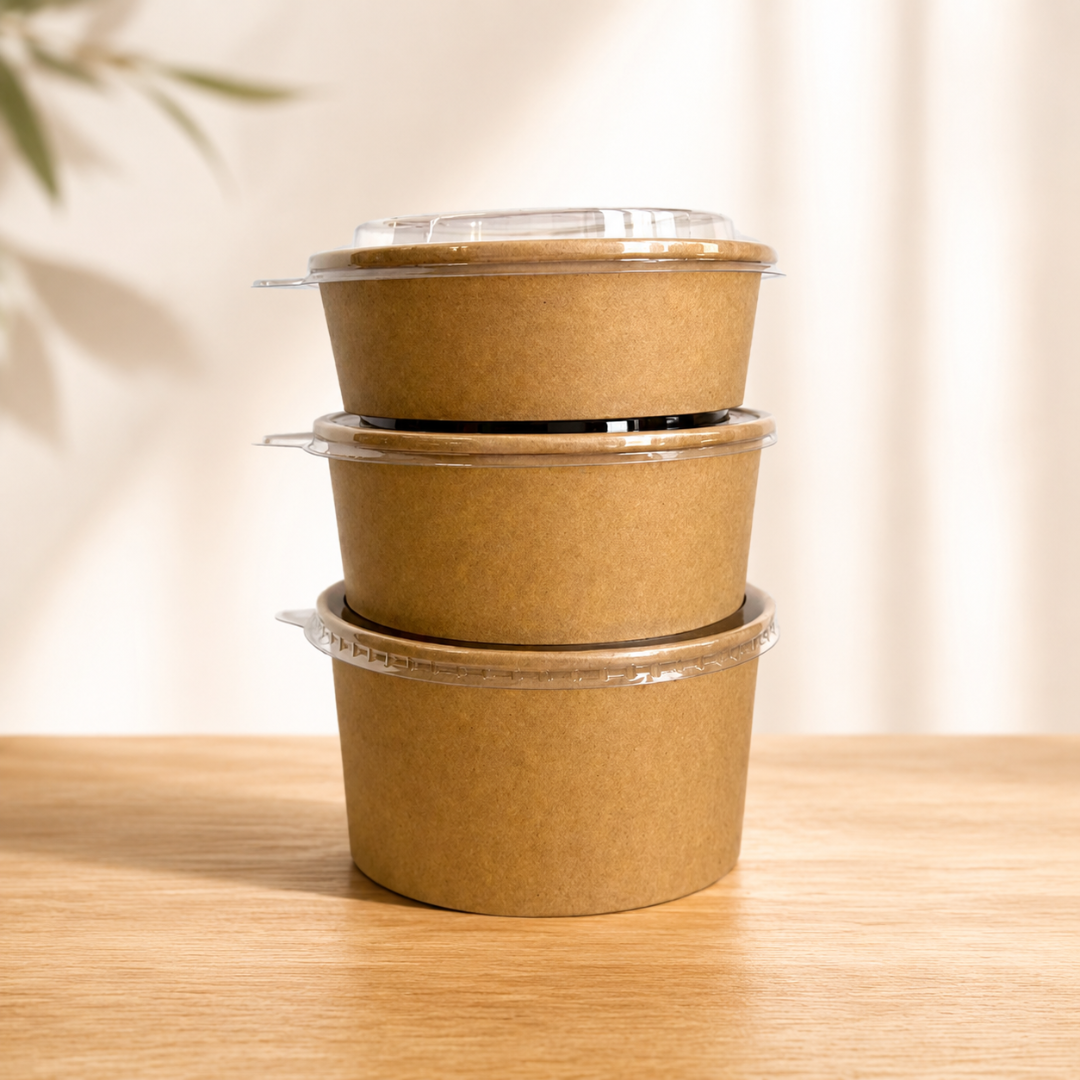 750ml (22oz) Kraft Food Bowls with Lids – 600 Pack Eco-Friendly Takeaway Containers