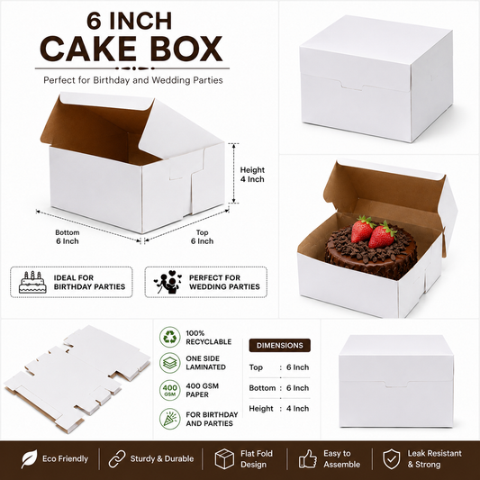 6 INCH WHITE PLAIN CAKE BOX 6X6X4 INCH FLAT FOLD ONE SIDE LAMINATED