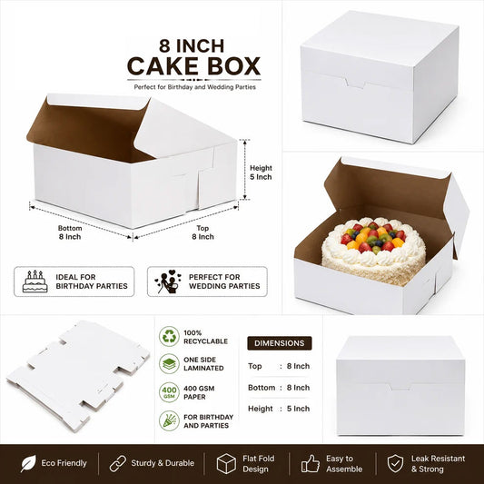8 INCH WHITE PLAIN CAKE BOX 8X8X5 INCH FLAT FOLD ONE SIDE LAMINATED