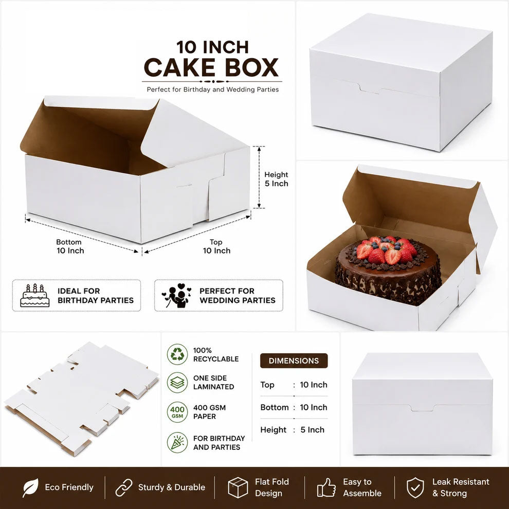 10 INCH WHITE PLAIN CAKE BOX 10X10X5 INCH FLAT FOLD ONE SIDE LAMINATED