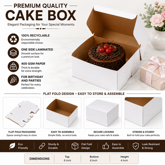 6 INCH WHITE PLAIN CAKE BOX 6X6X4 INCH FLAT FOLD ONE SIDE LAMINATED