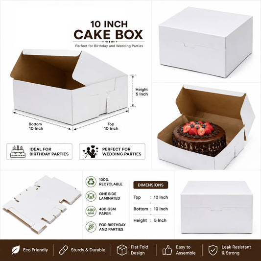 10 INCH WHITE PLAIN CAKE BOX 10X10X5 INCH FLAT FOLD ONE SIDE LAMINATED