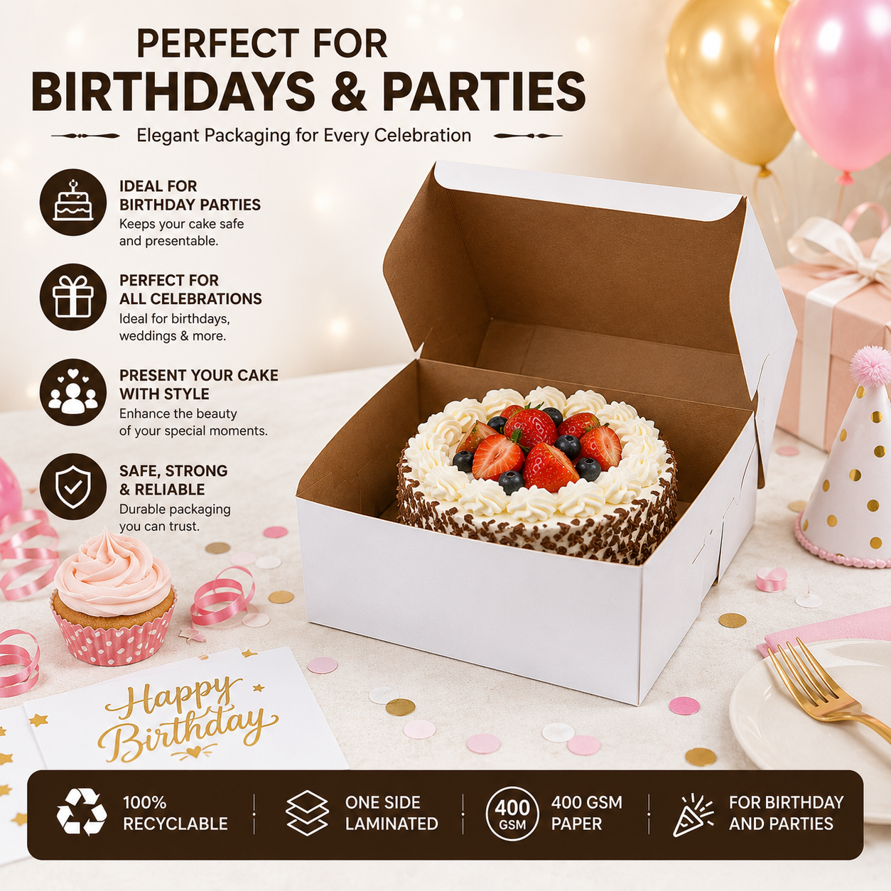 6 INCH WHITE PLAIN CAKE BOX 6X6X4 INCH FLAT FOLD ONE SIDE LAMINATED