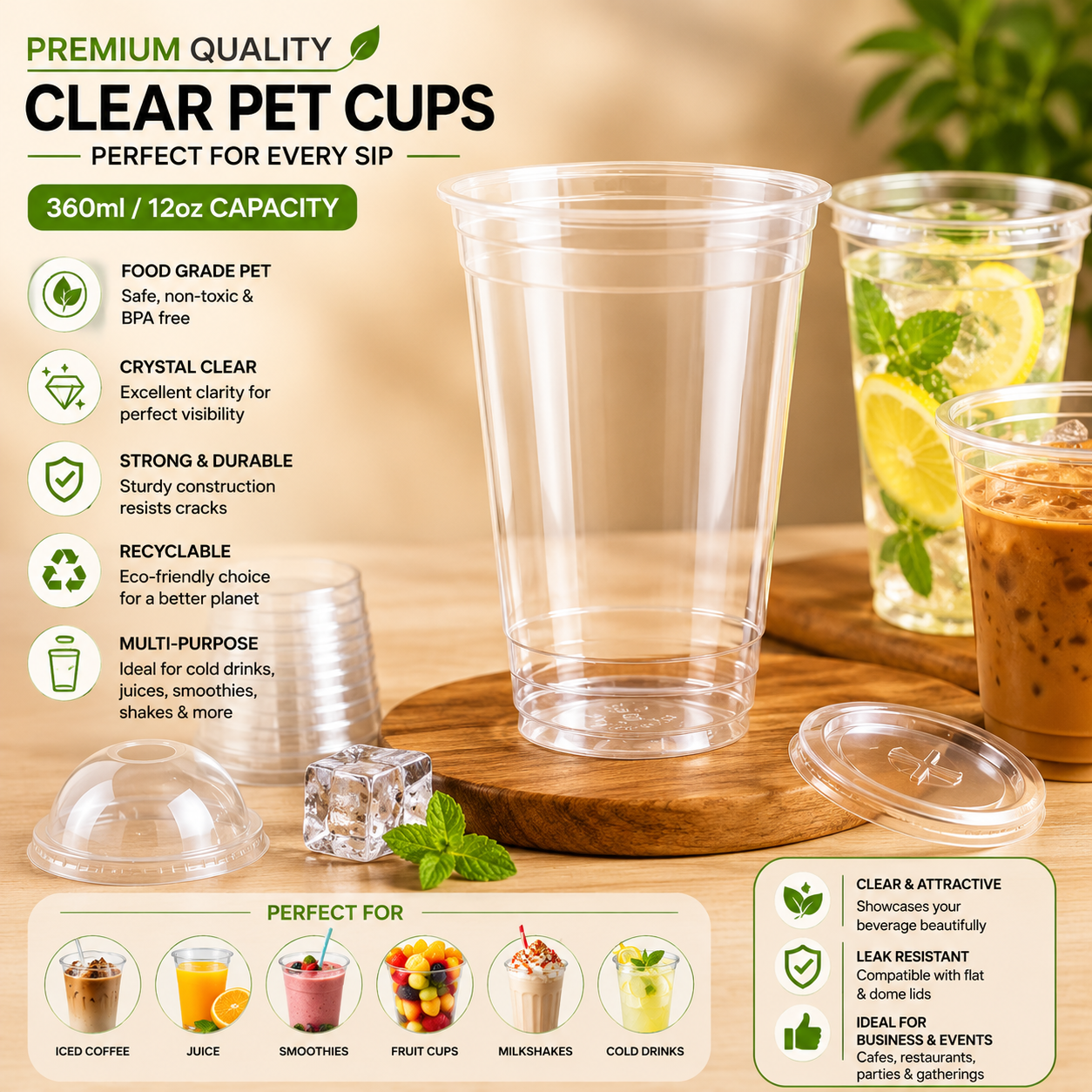 95mm 360ml 12oz Flat Bottom Milkshake Cup & Dessert Cup with Lids