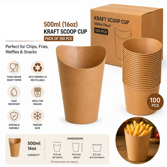 500ml/16oz Round Kraft Brown Chip/Waffle Scoop Cups 100Pcs Pack