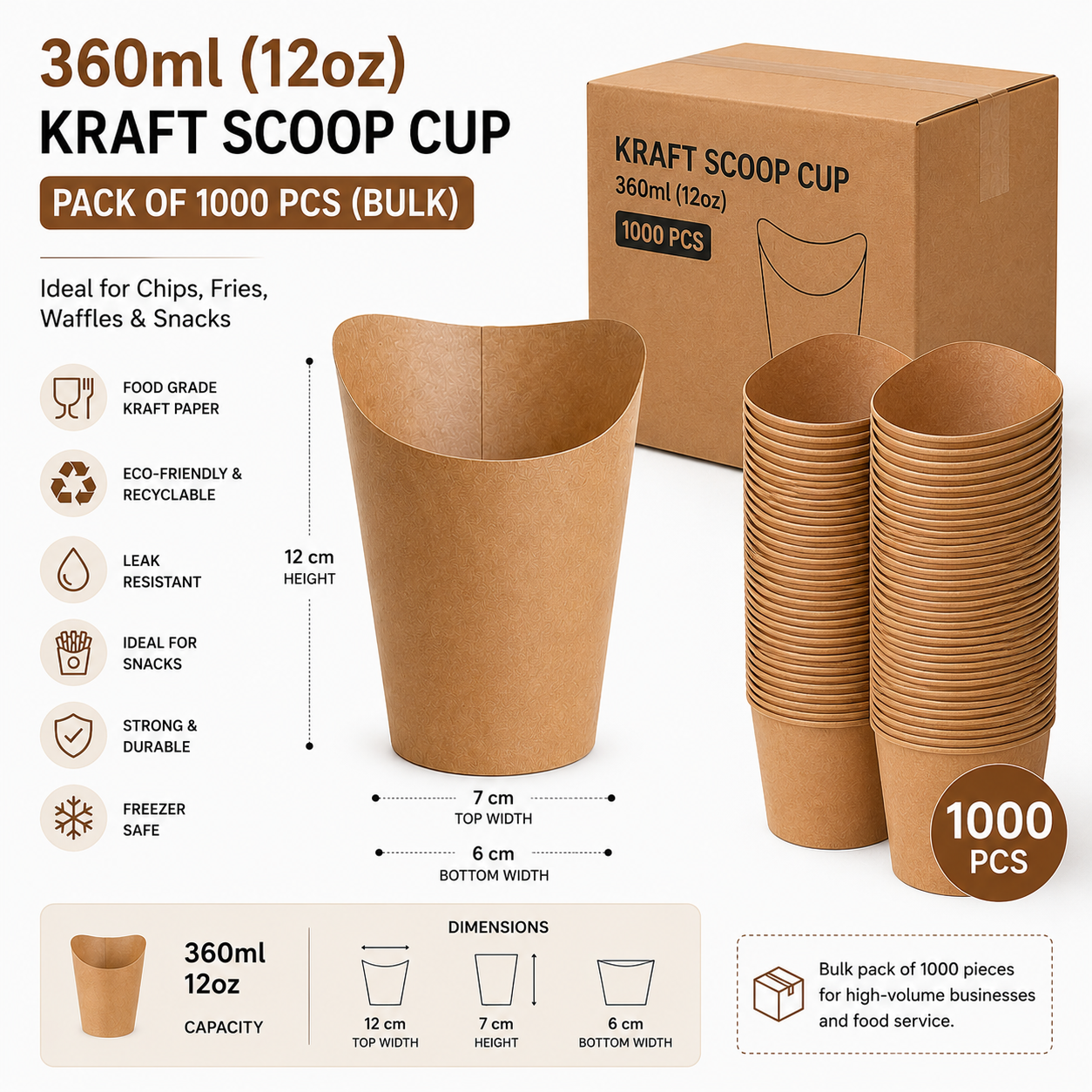 360ml/12oz Round Kraft Brown Chip/Waffle Scoop Cups 100Pcs Pack