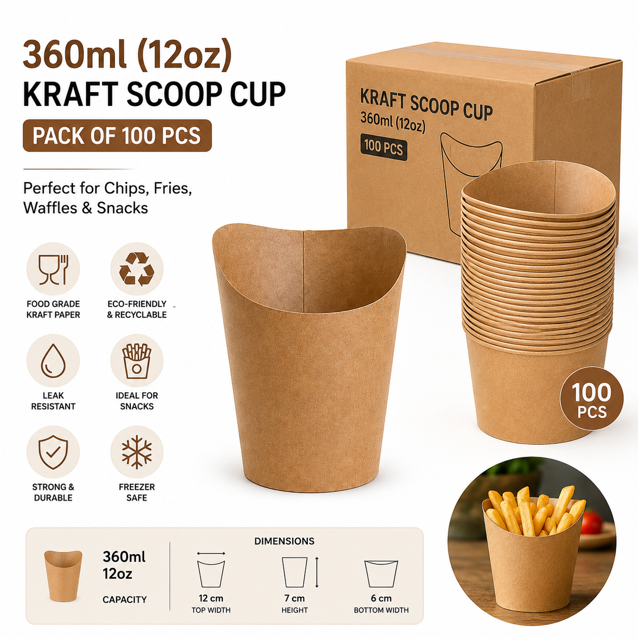 360ml/12oz Round Kraft Brown Chip/Waffle Scoop Cups 100Pcs Pack