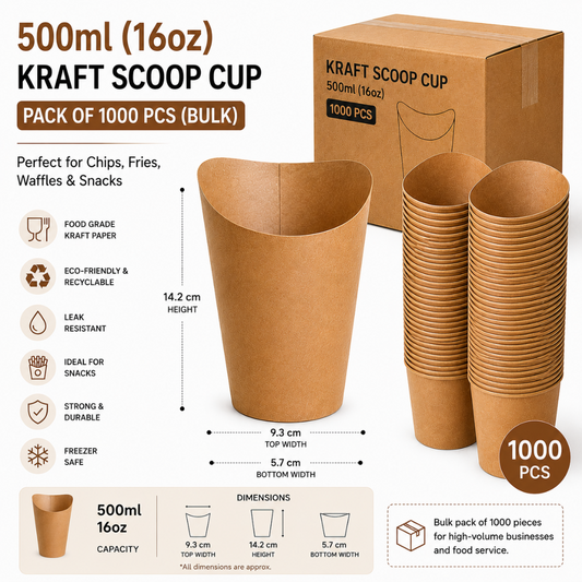 500ml/16oz Round Kraft Brown Chip/Waffle Scoop Cups 100Pcs Pack
