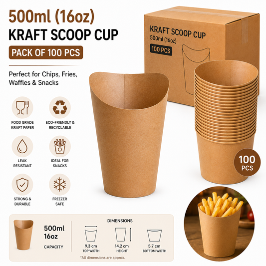 500ml/16oz Round Kraft Brown Chip/Waffle Scoop Cups 100Pcs Pack